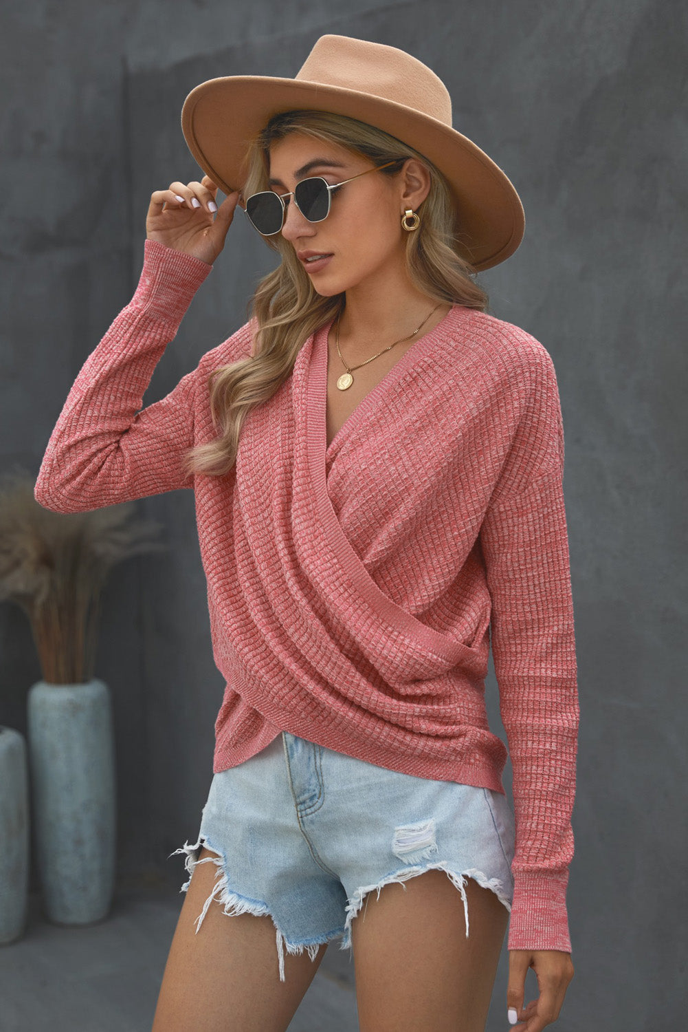 Women's Pink Deep V-neck Long Sleeve Knit Sweater