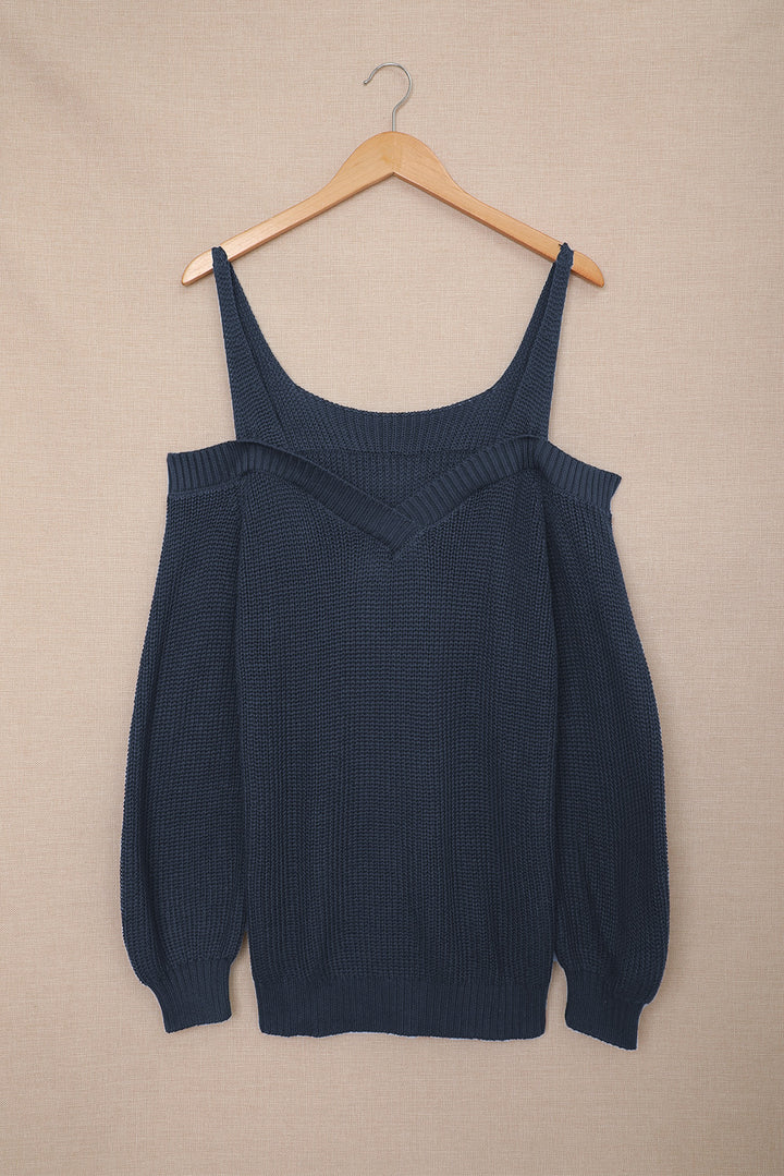 Modischer dunkelblauer Juliette-Strickpullover mit Tauschulter 