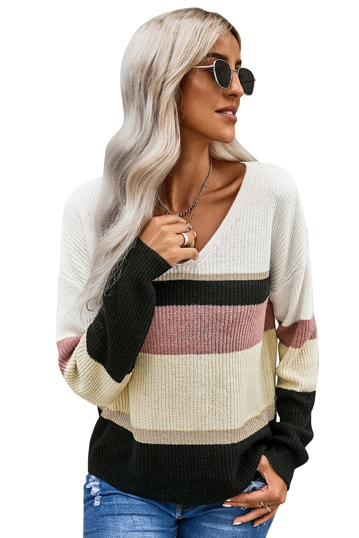Winter Brown Color-Block Striped Long Sleeve V Neck Sweater