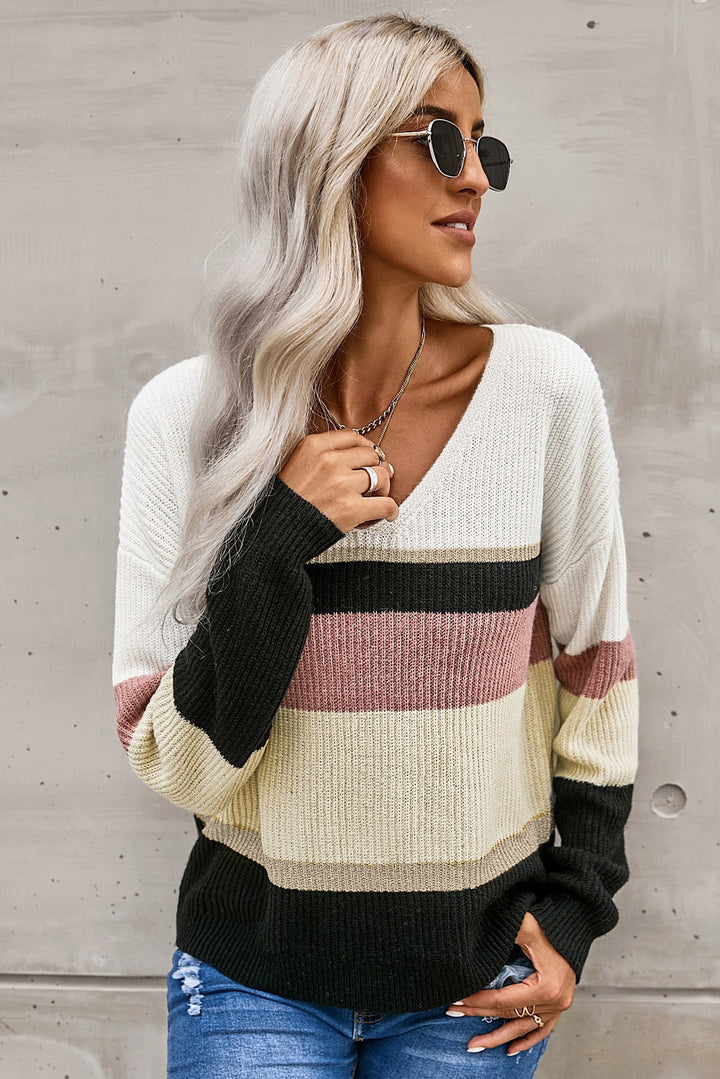 Winter Brown Color-Block Striped Long Sleeve V Neck Sweater