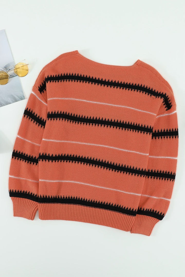 Pink Red Striped Loose Fit Pullover Sweater