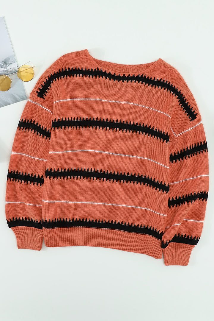 Pink Red Striped Loose Fit Pullover Sweater