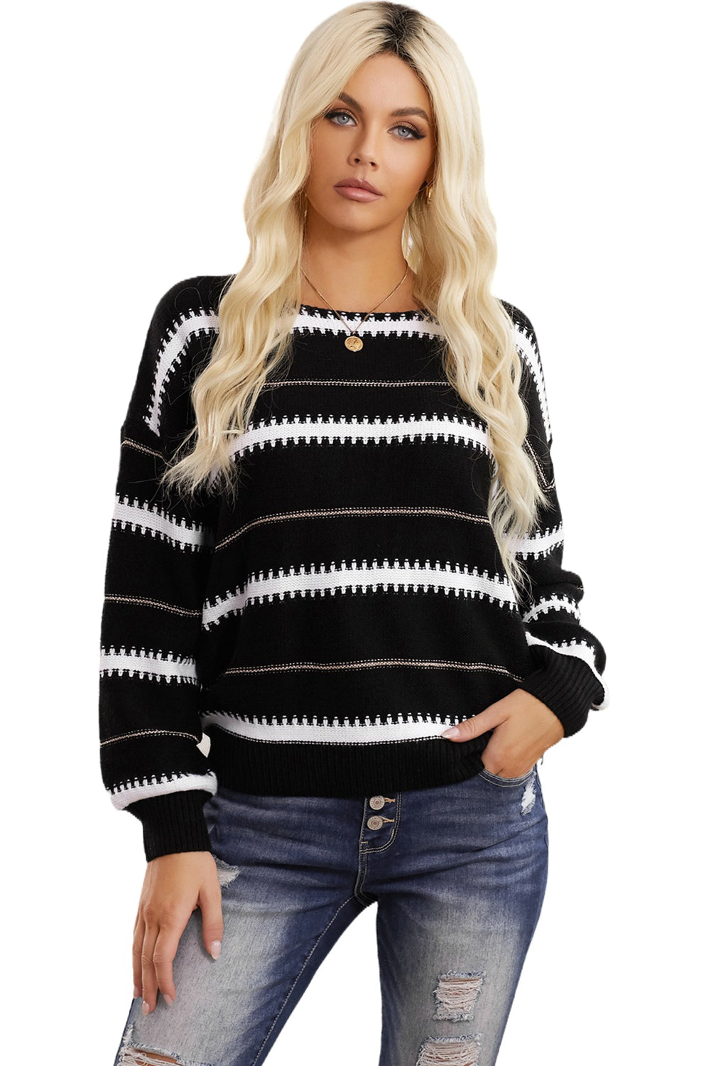 Women's Black Striped Loose Fit Pullover Sweater