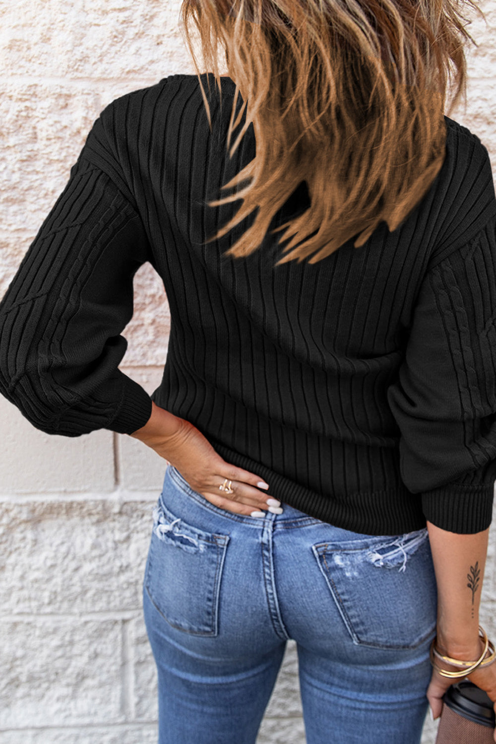 Black Wrap V Neck Lantern Sleeve Textured Sweater