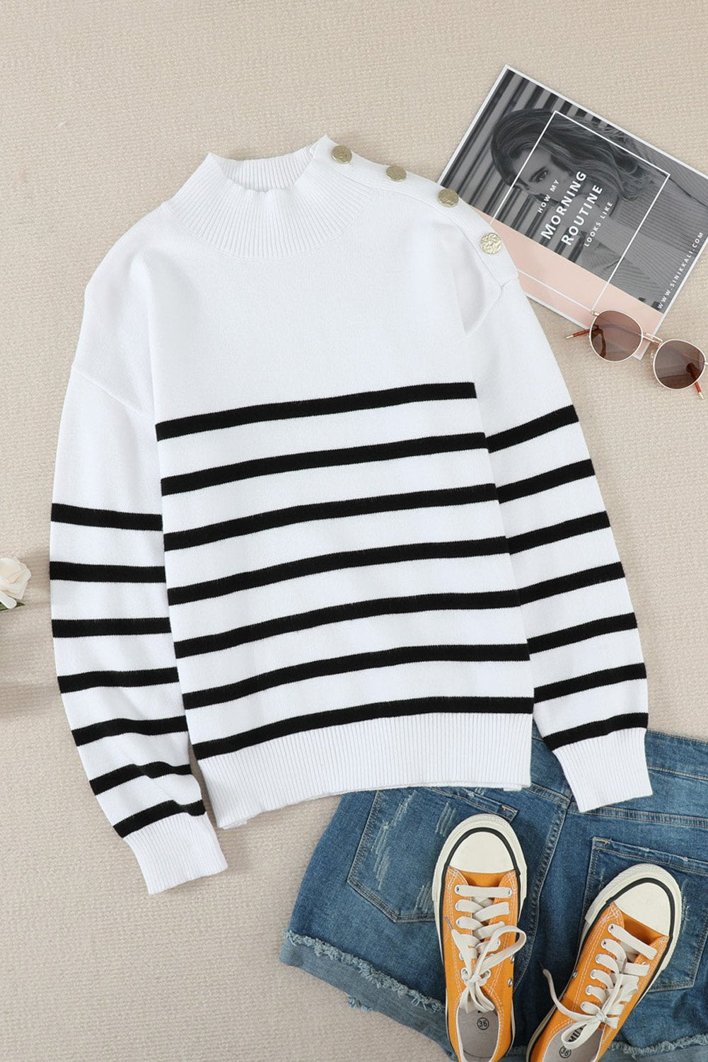 Winter White Striped Turtleneck Long Sleeve Sweater with Buttons