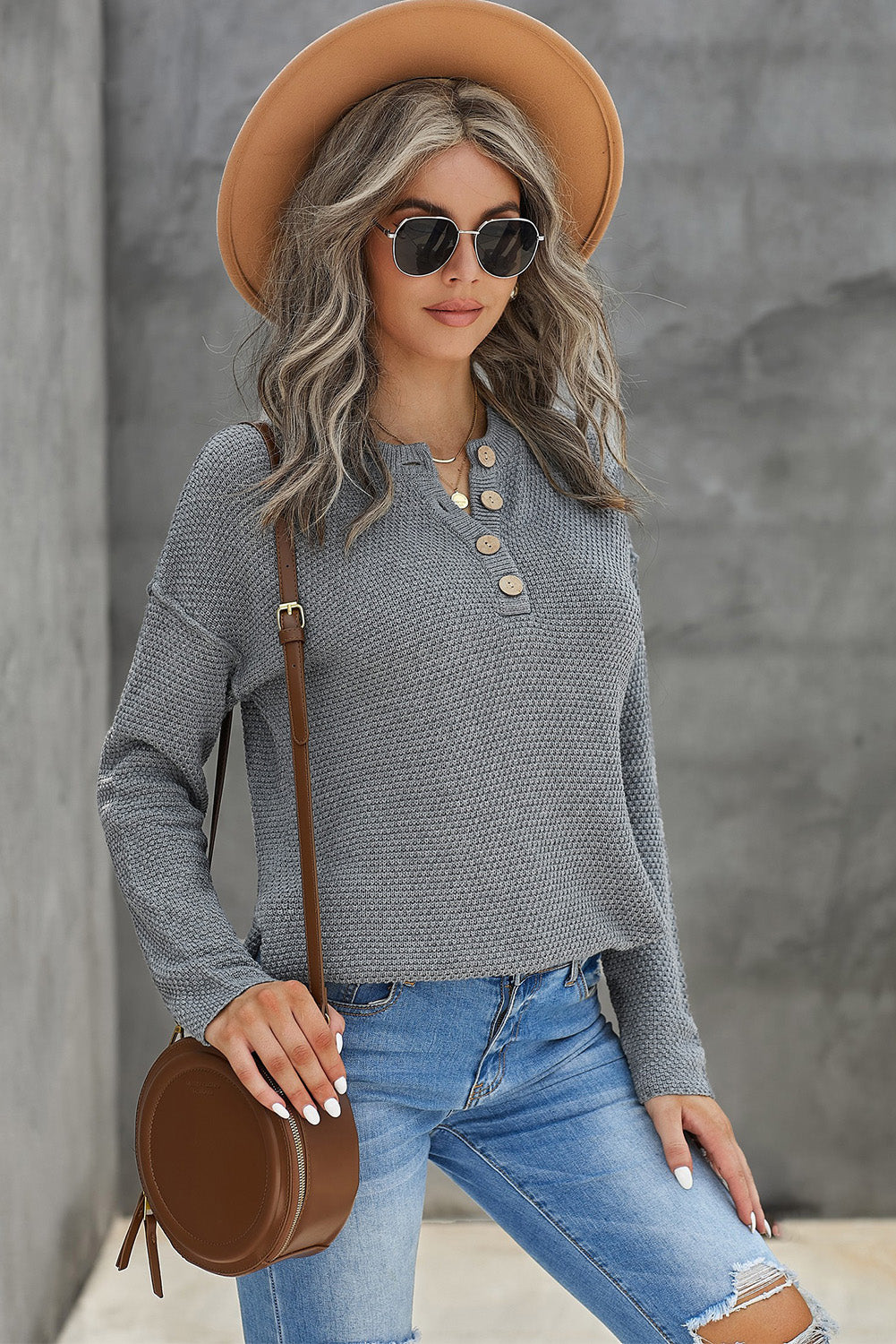 Women's Gray Henley Pullover Drop Shoulder Sweater with Slits