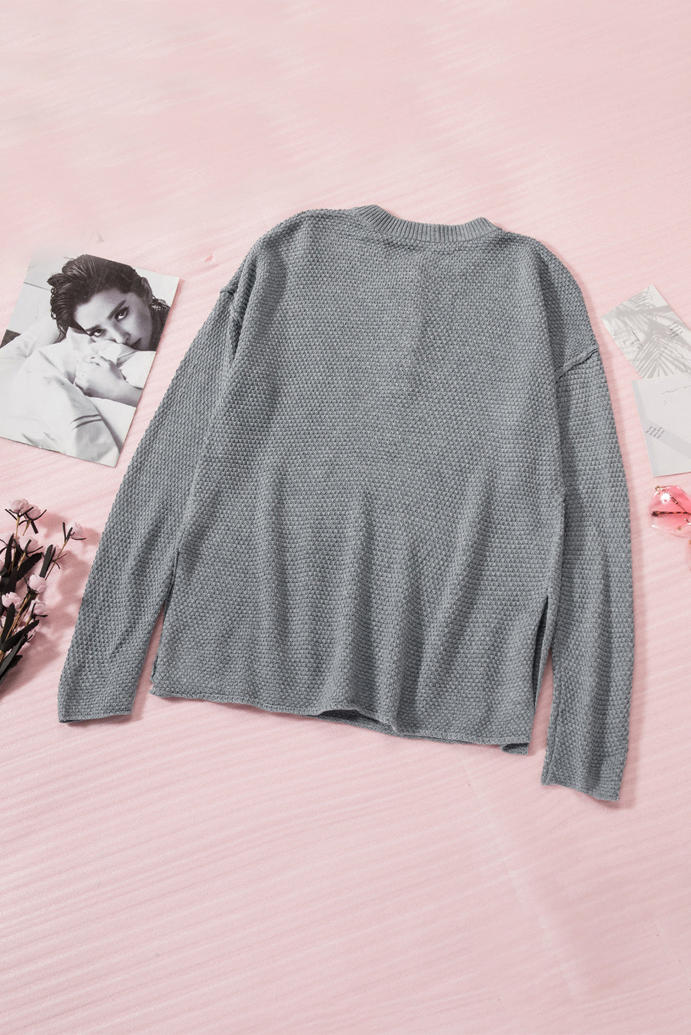 Women's Gray Henley Pullover Drop Shoulder Sweater with Slits