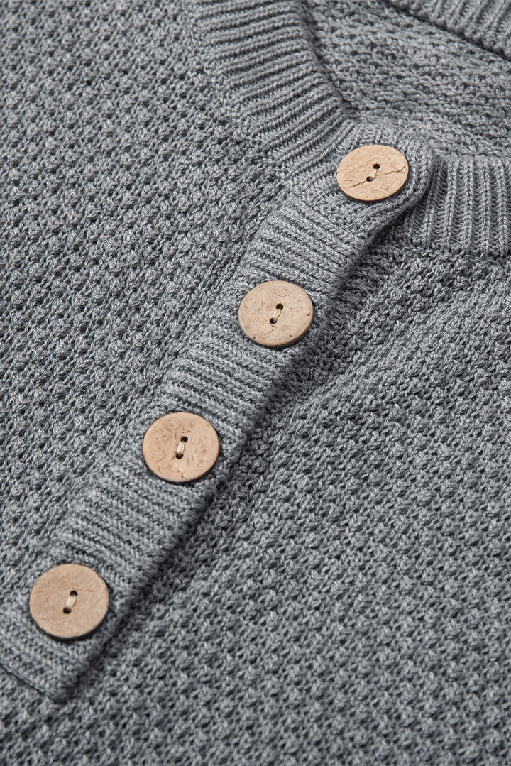 Women's Gray Henley Pullover Drop Shoulder Sweater with Slits