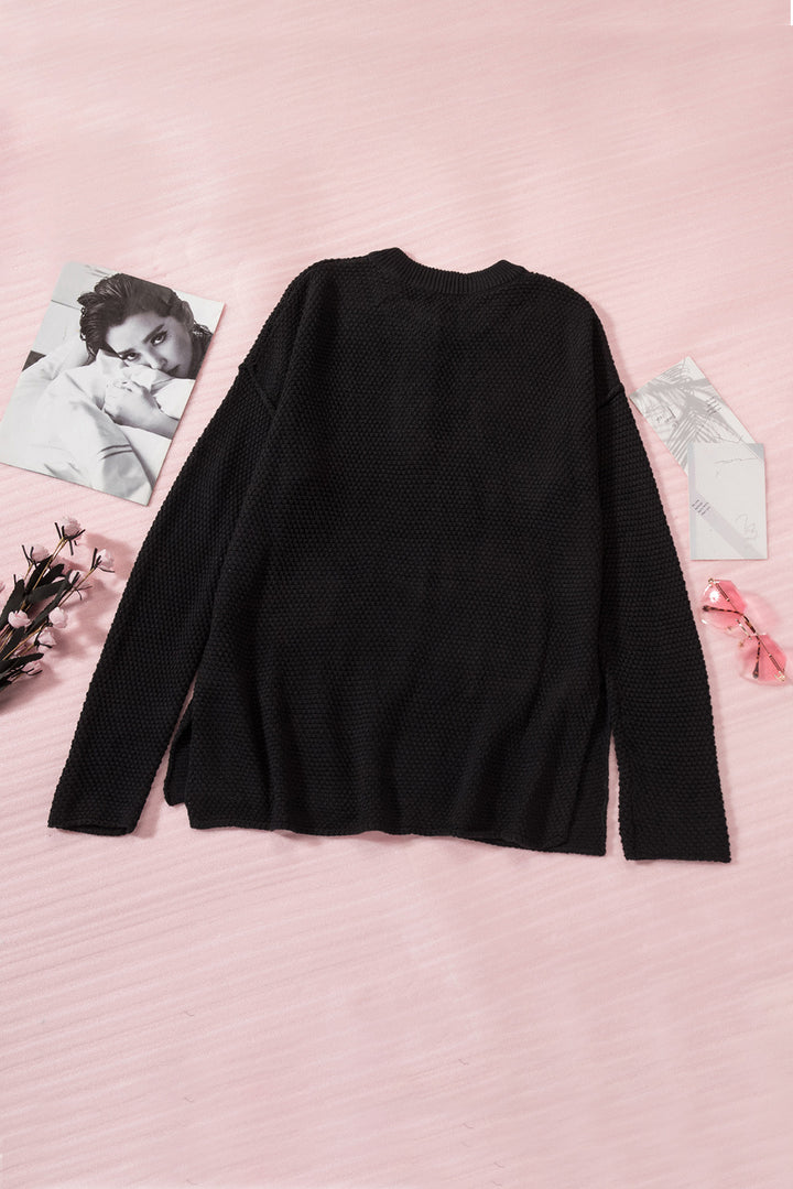 Women's Black Henley Pullover Drop Shoulder Sweater with Slits