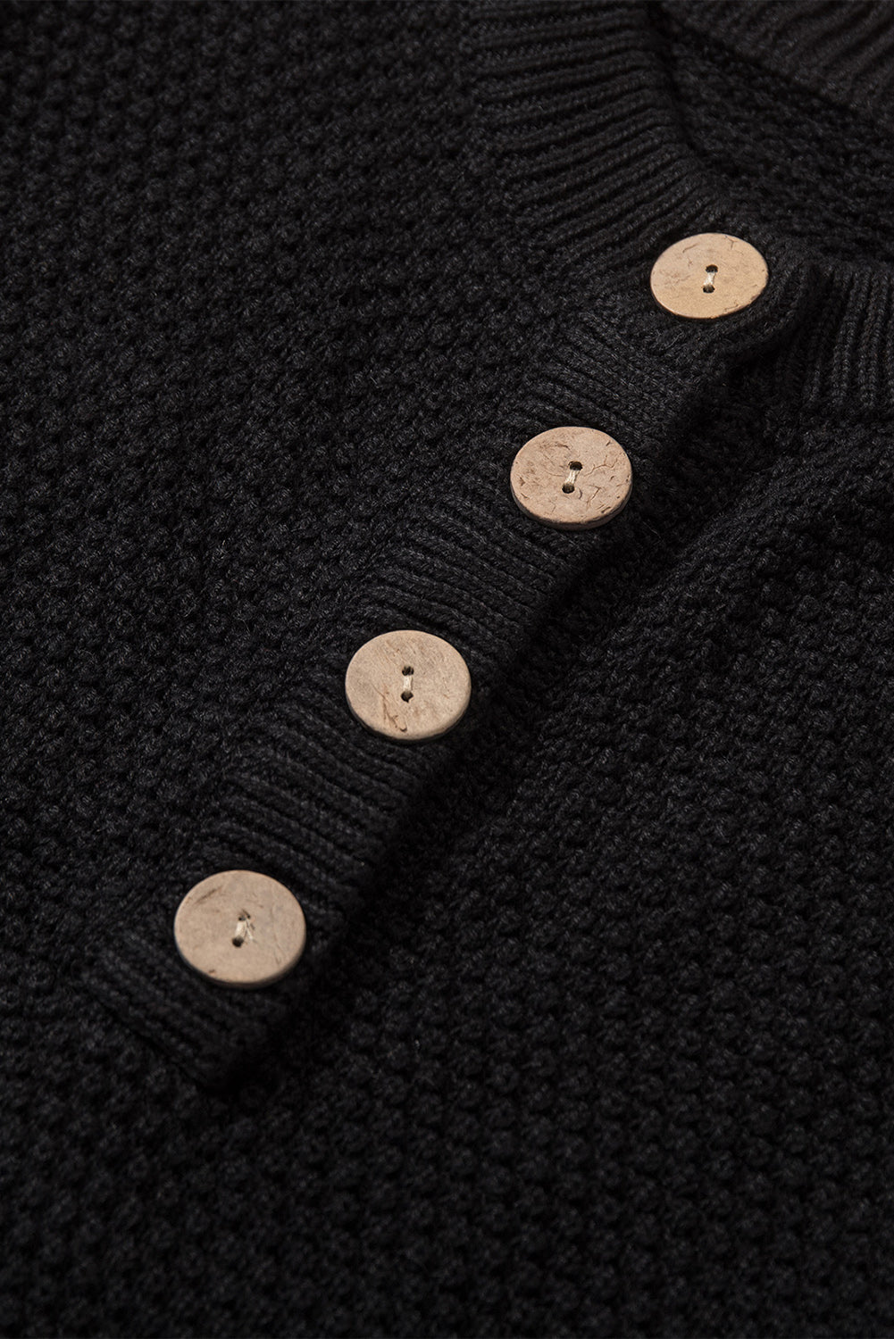 Women's Black Henley Pullover Drop Shoulder Sweater with Slits