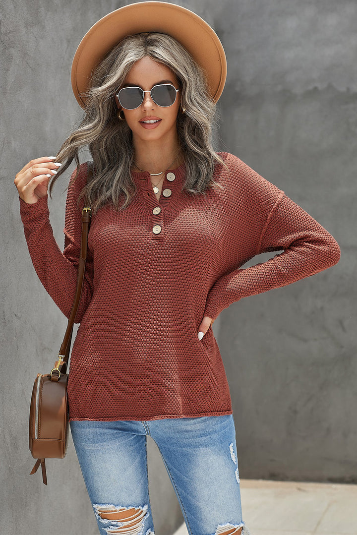 Women's Henley Pullover Drop Shoulder Sweater with Slits