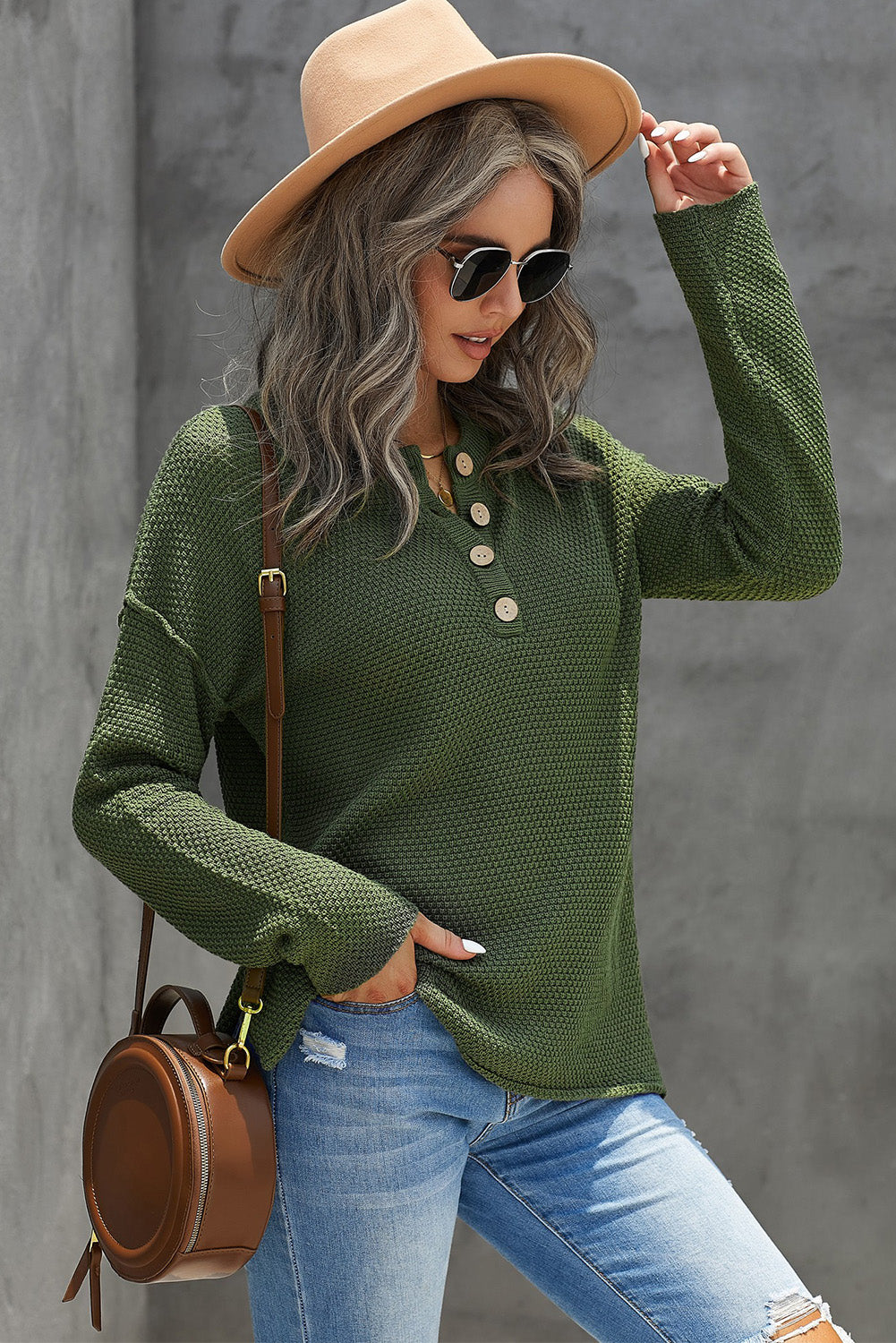 Women's Green Henley Pullover Drop Shoulder Sweater with Slits