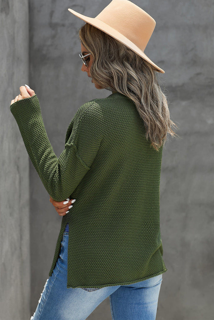 Women's Green Henley Pullover Drop Shoulder Sweater with Slits