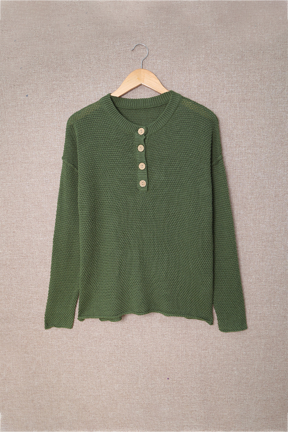Women's Green Henley Pullover Drop Shoulder Sweater with Slits