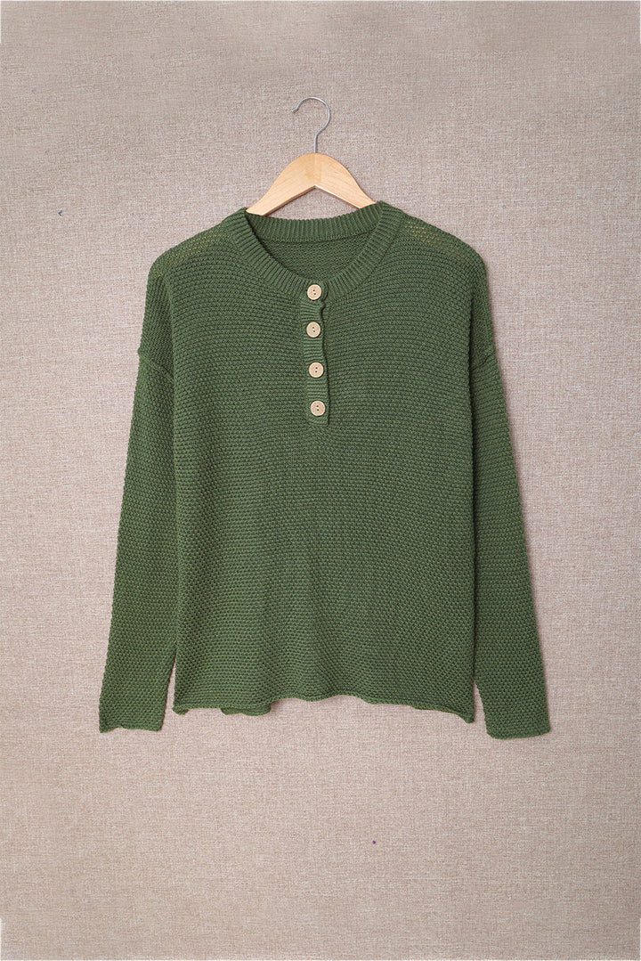 Women's Green Henley Pullover Drop Shoulder Sweater with Slits