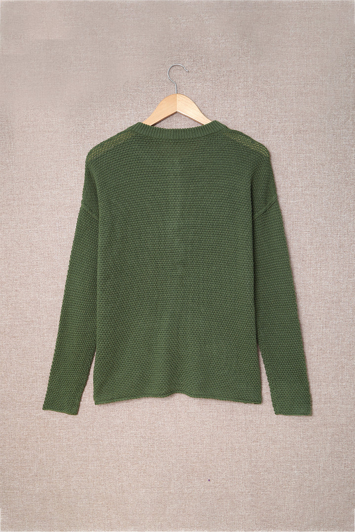 Women's Green Henley Pullover Drop Shoulder Sweater with Slits