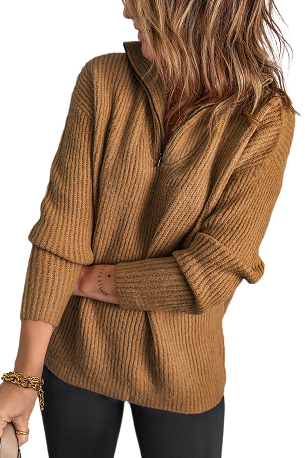 Brown Zip Neck Knitted Sweater