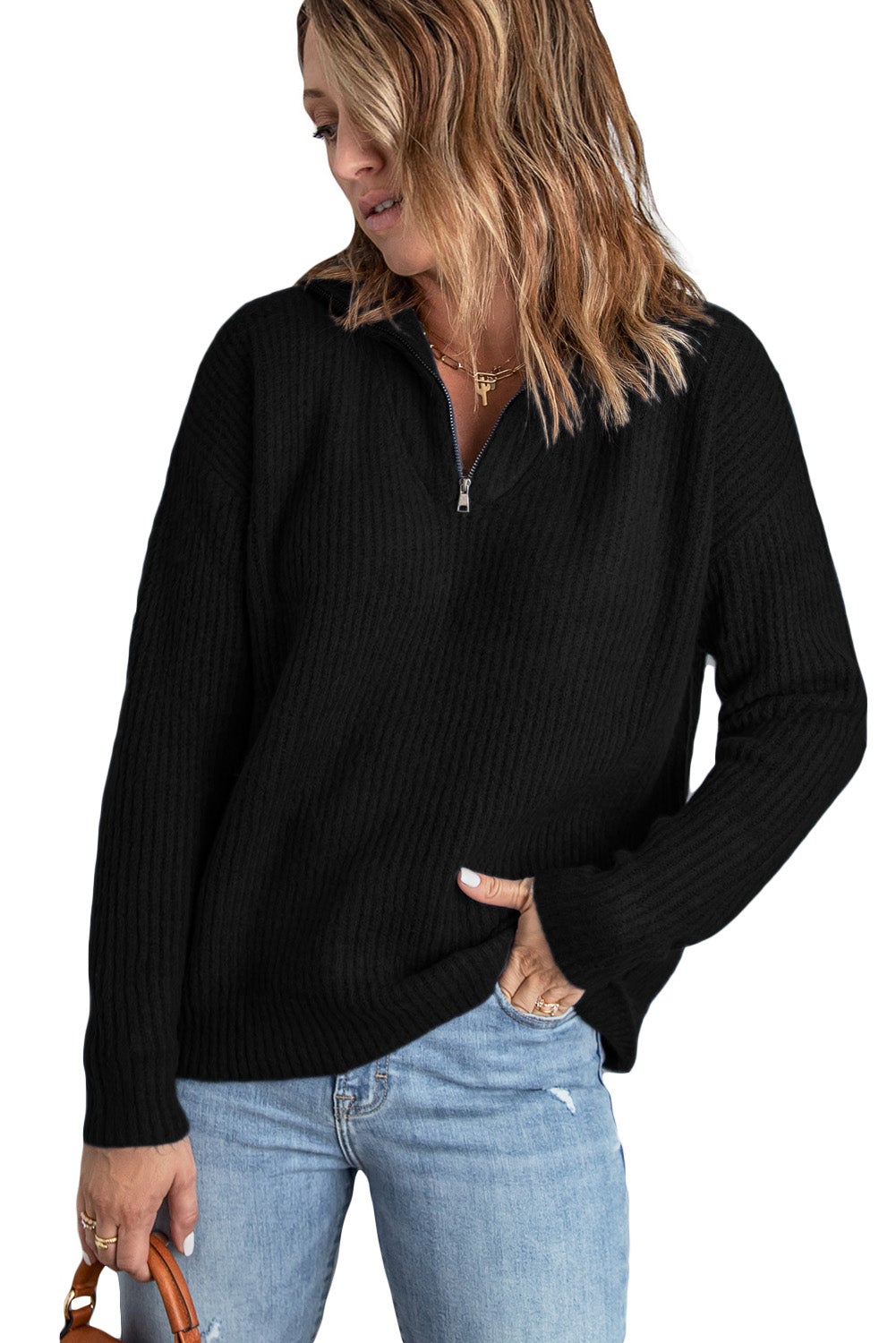 Black Zip Neck Knitted Sweater