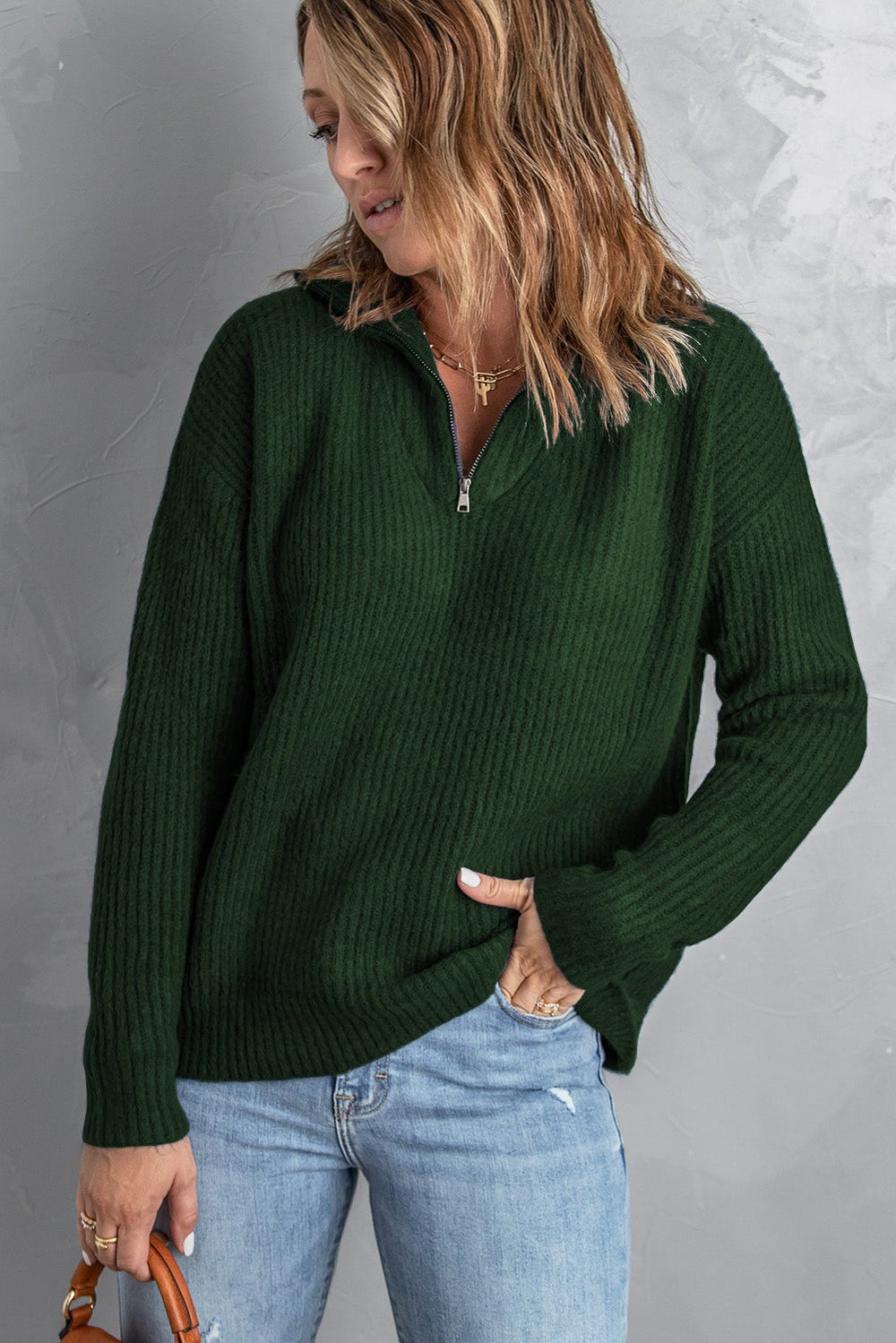 Green Zip Neck Knitted Sweater