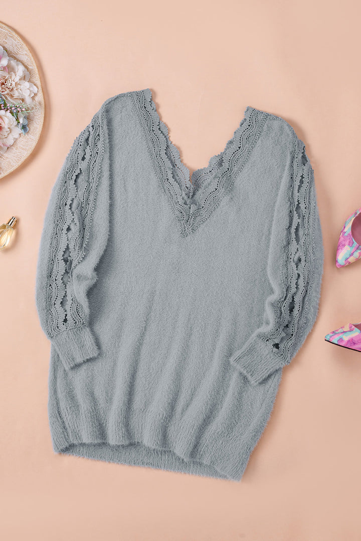 Chic Gray Lace Splicing V Neck Pullover Sweater