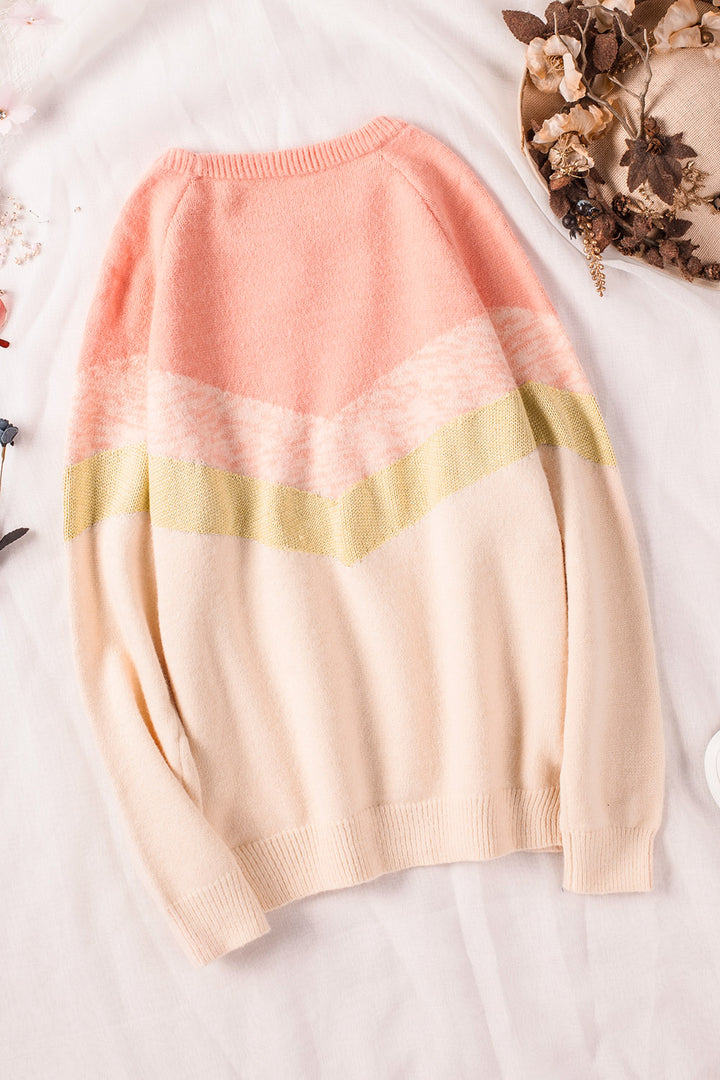 Women's Pink V Stripe Pattern Colorblock Sweater
