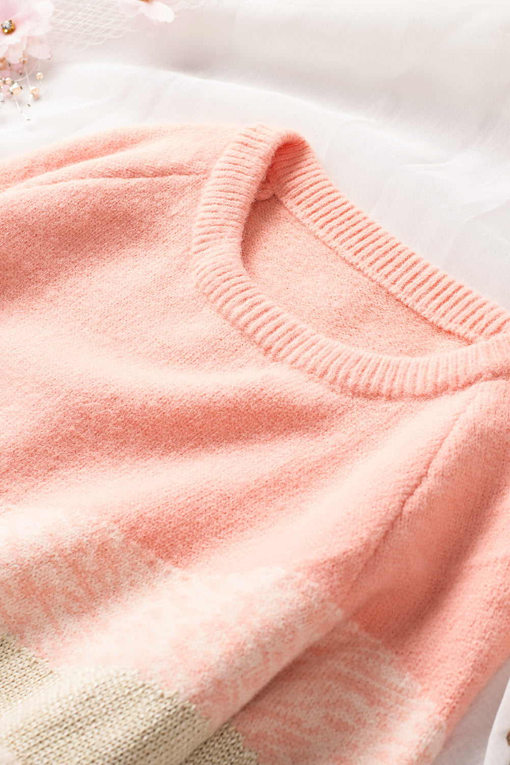Women's Pink V Stripe Pattern Colorblock Sweater