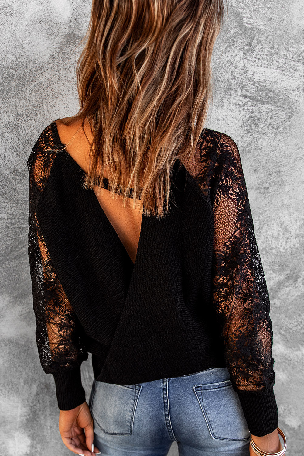 Black V Neck Surplice Hollow-out Lace Long Sleeves Sweater