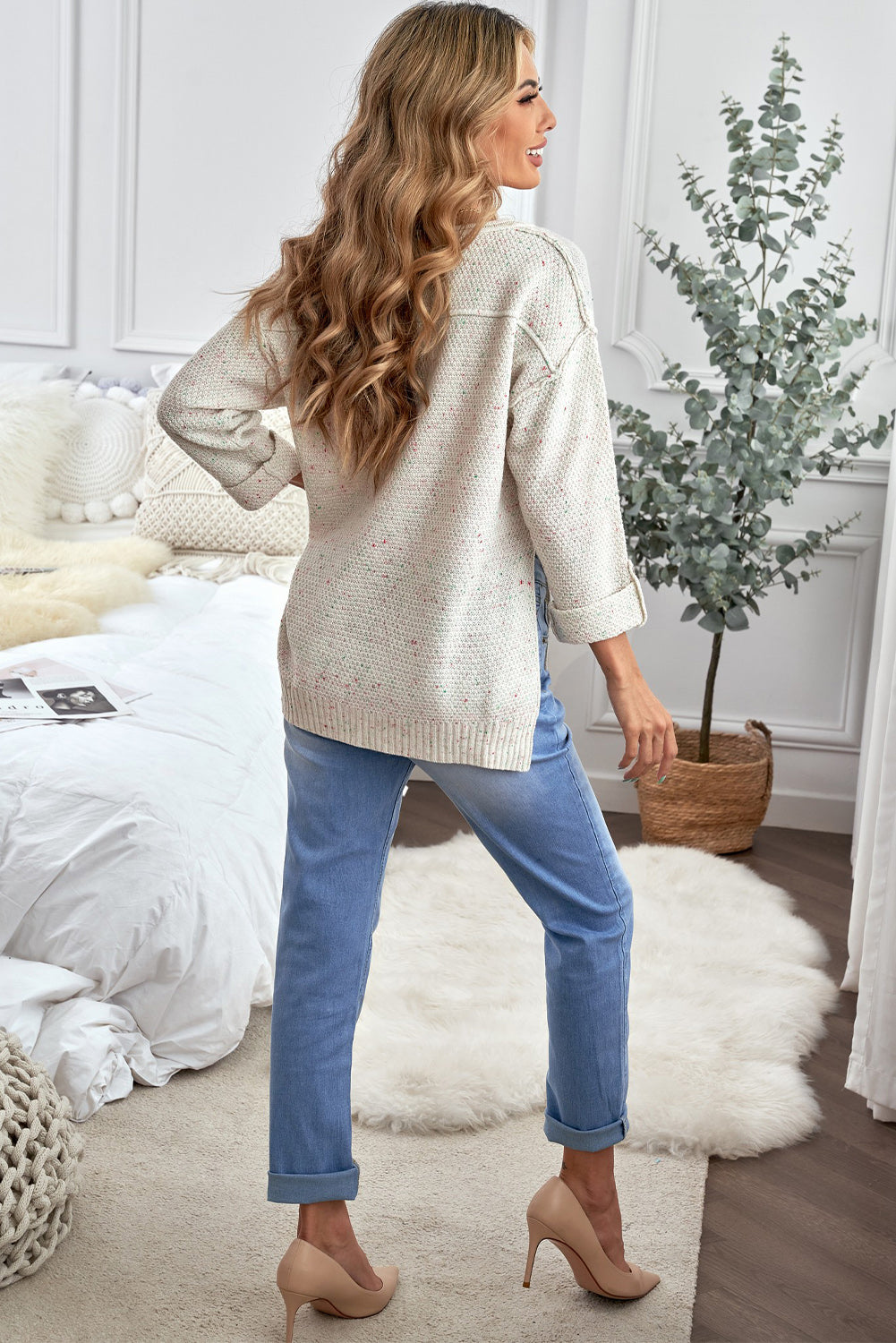 Womens Beige Buttoned Drop Shoulder Knitted Sweater