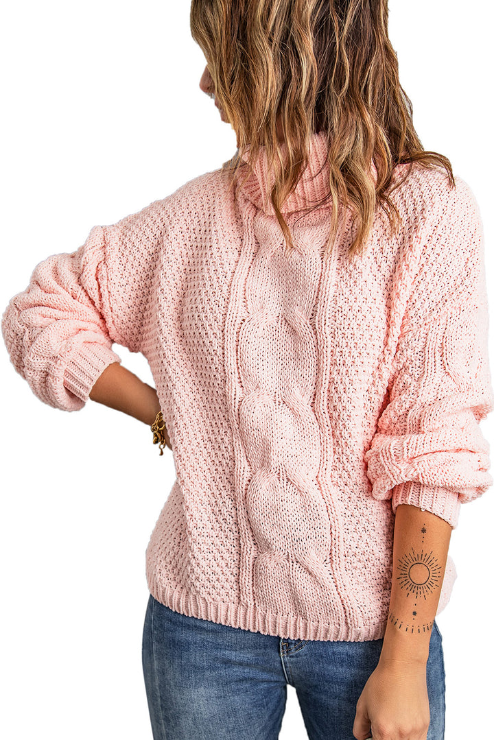 Cute Pink Solid Turtleneck Cable Knit Pullover Sweater
