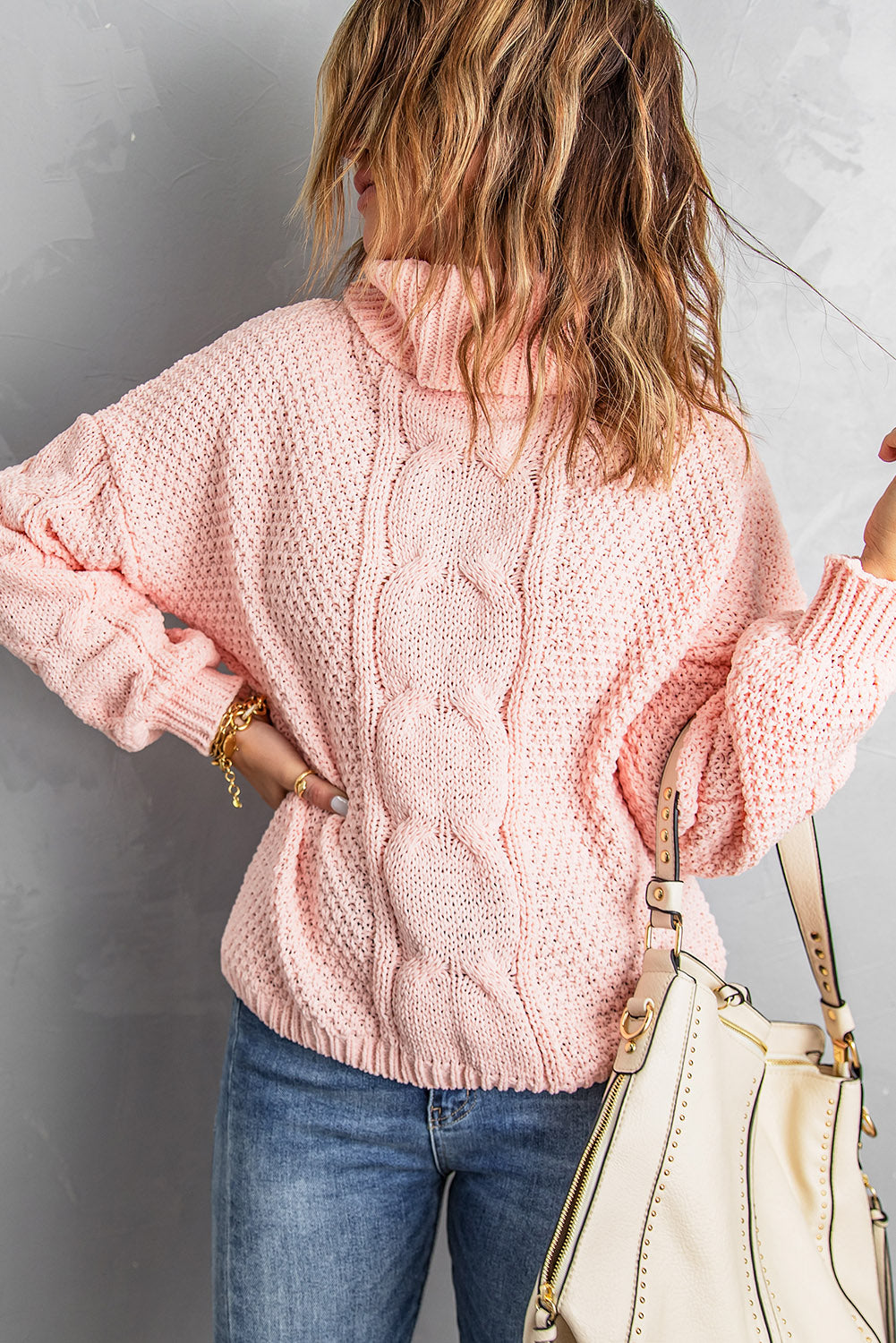 Cute Pink Solid Turtleneck Cable Knit Pullover Sweater