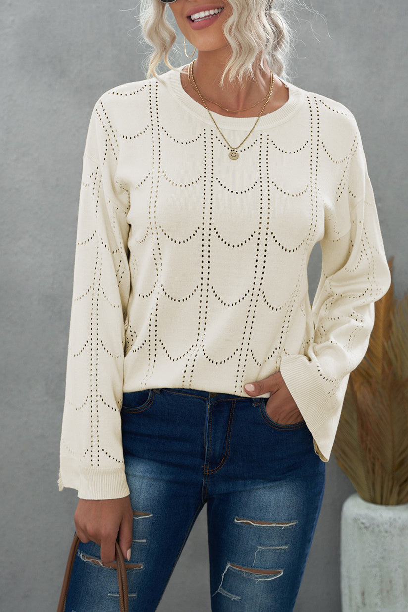 Chic Beige Flare Sleeve Texture Knit Sweater