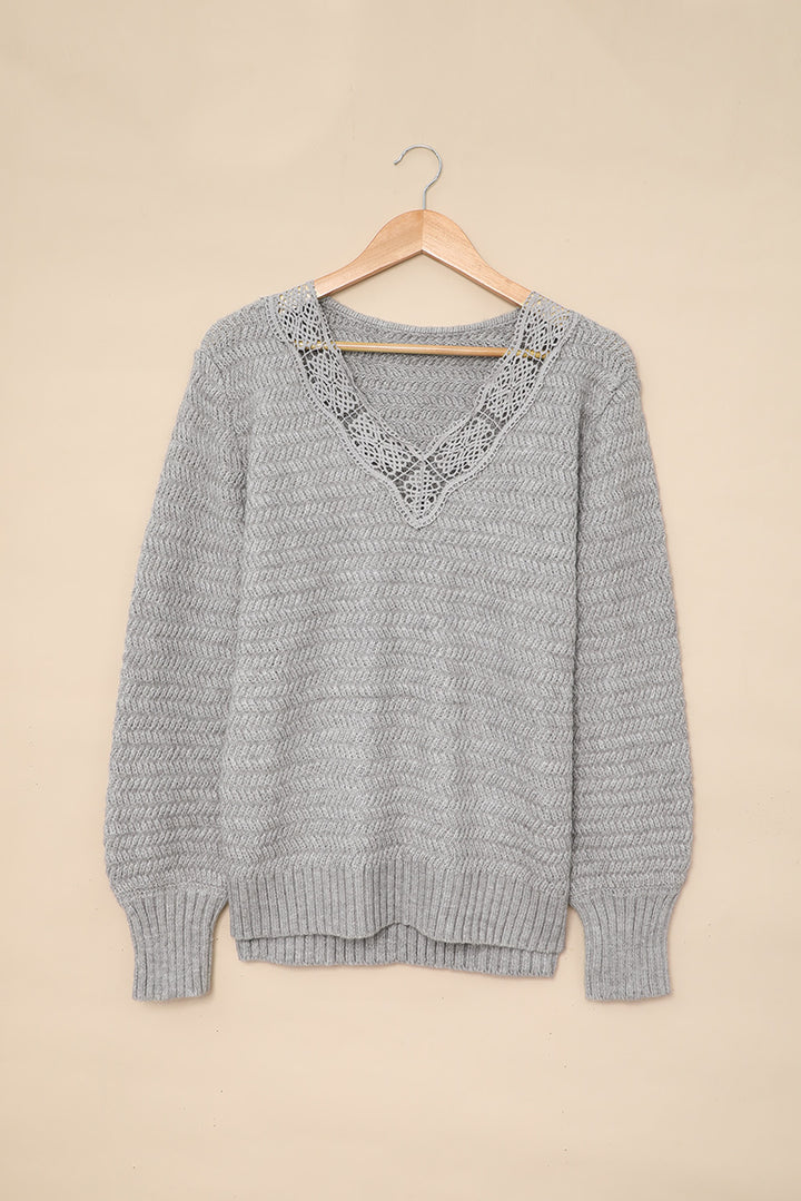 Chic Gray Lace Scalloped V-Neck Side Split Loose Sweater