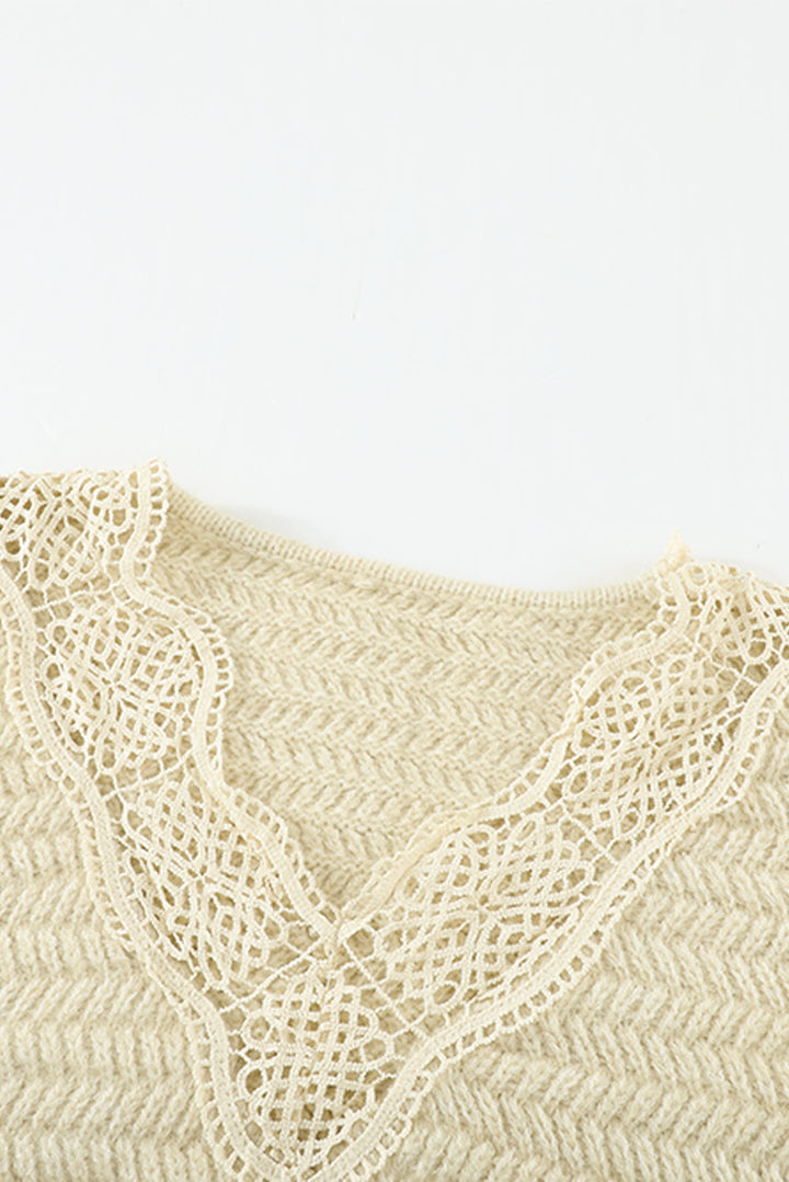 Chic Beige Lace Scalloped V-Neck Side Split Loose Sweater