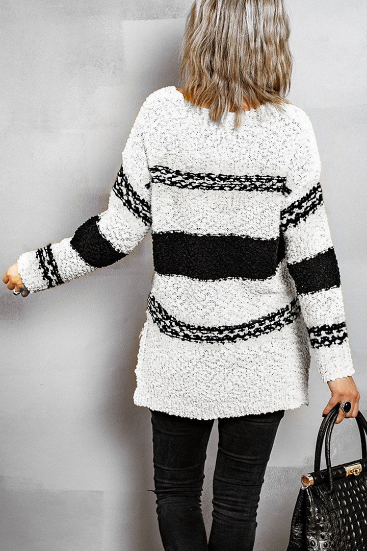 White Black Striped V Neck Long Sleeve Knitted Sweater