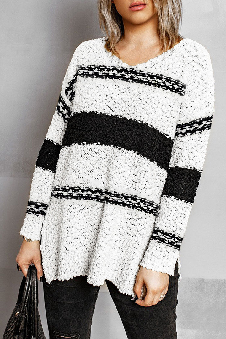 White Black Striped V Neck Long Sleeve Knitted Sweater