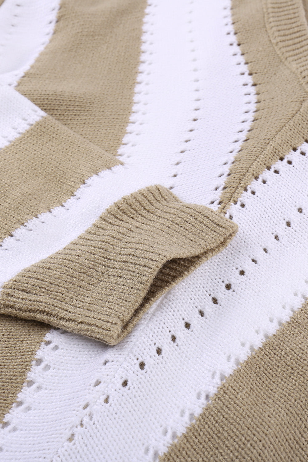 New Khaki Striped Colorblock V Neck Knitted Sweater