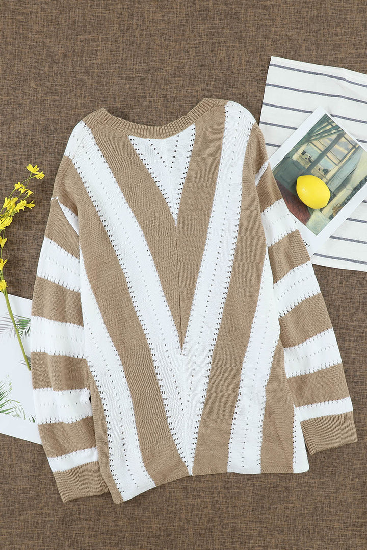 New Khaki Striped Colorblock V Neck Knitted Sweater
