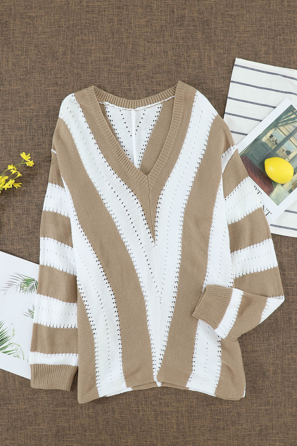 New Khaki Striped Colorblock V Neck Knitted Sweater