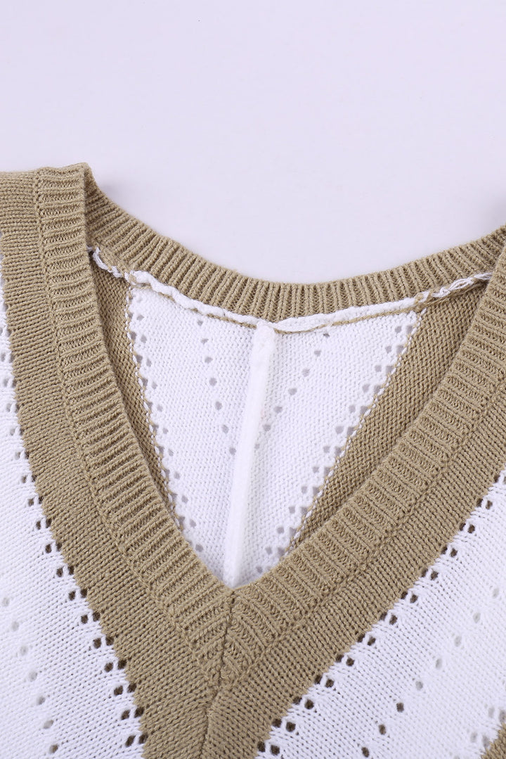 New Khaki Striped Colorblock V Neck Knitted Sweater