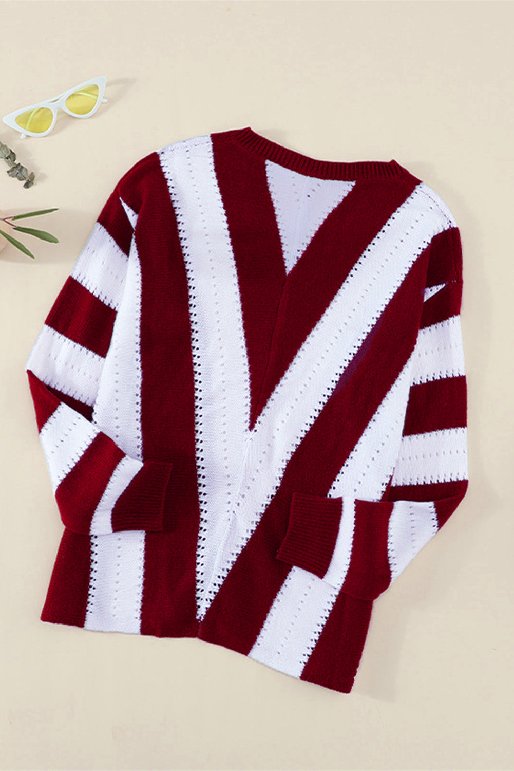 Casual Red Striped Colorblock V Neck Knitted Sweater