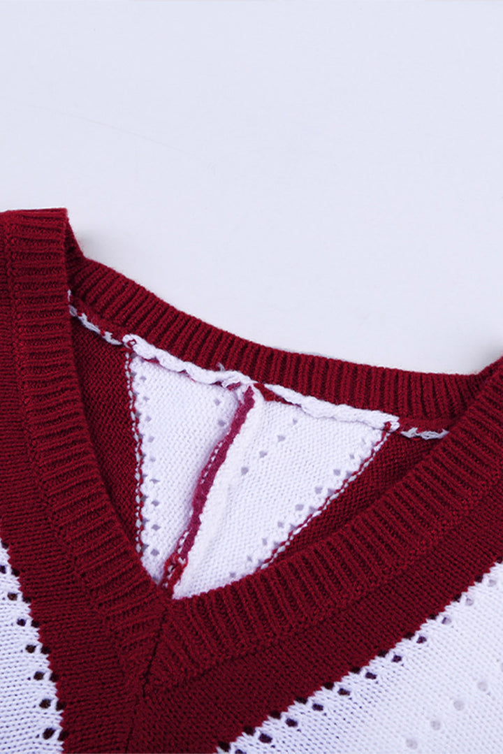 Casual Red Striped Colorblock V Neck Knitted Sweater