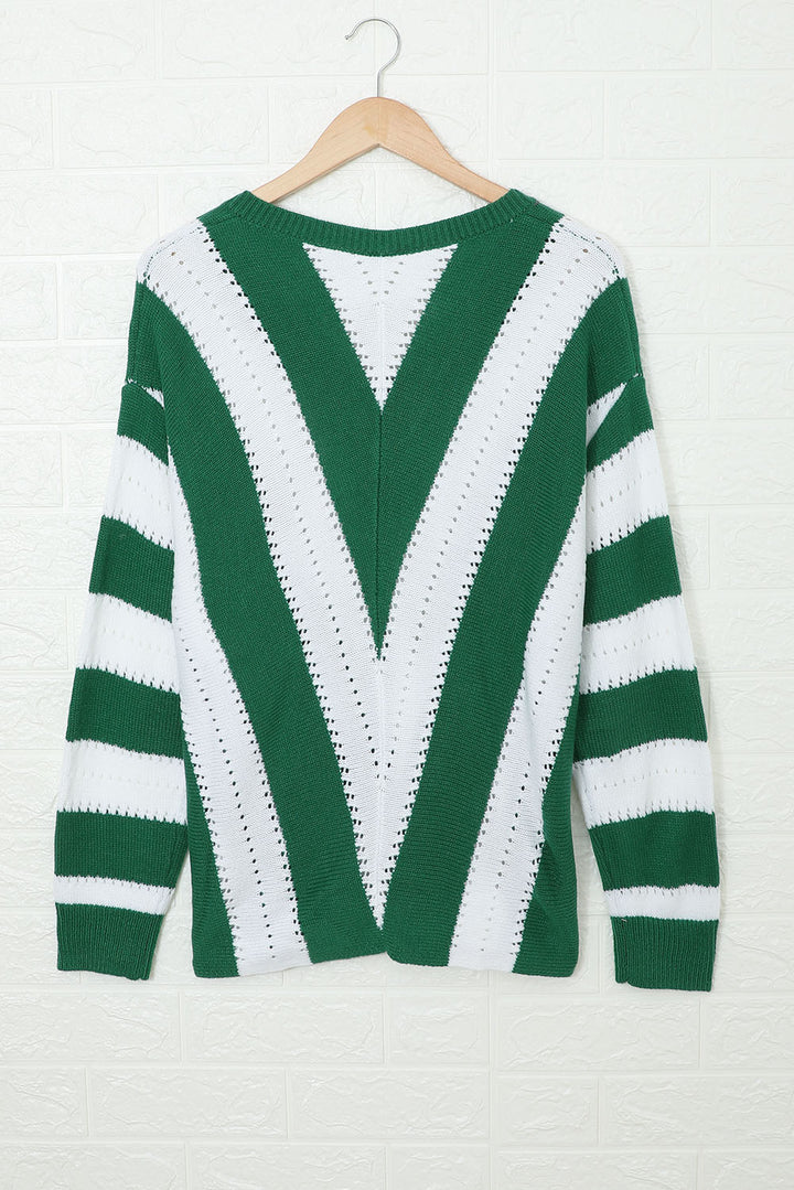 Green White Striped Colorblock V Neck Knitted Sweater