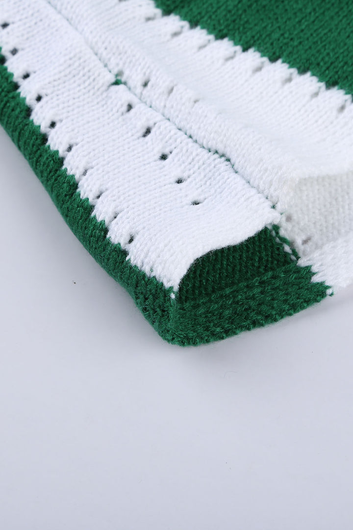 Green White Striped Colorblock V Neck Knitted Sweater