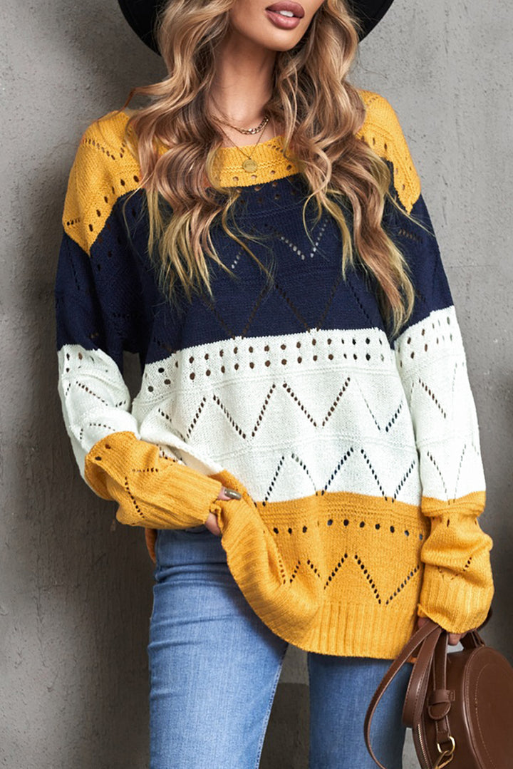 Casual Yellow Round Neck Side Slit Pointelle Color Block Sweater