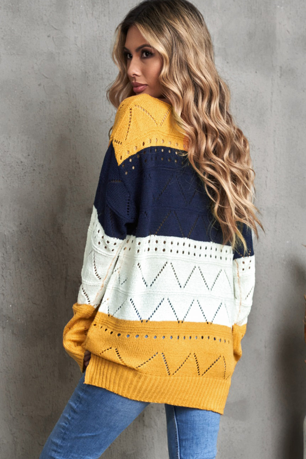 Casual Yellow Round Neck Side Slit Pointelle Color Block Sweater