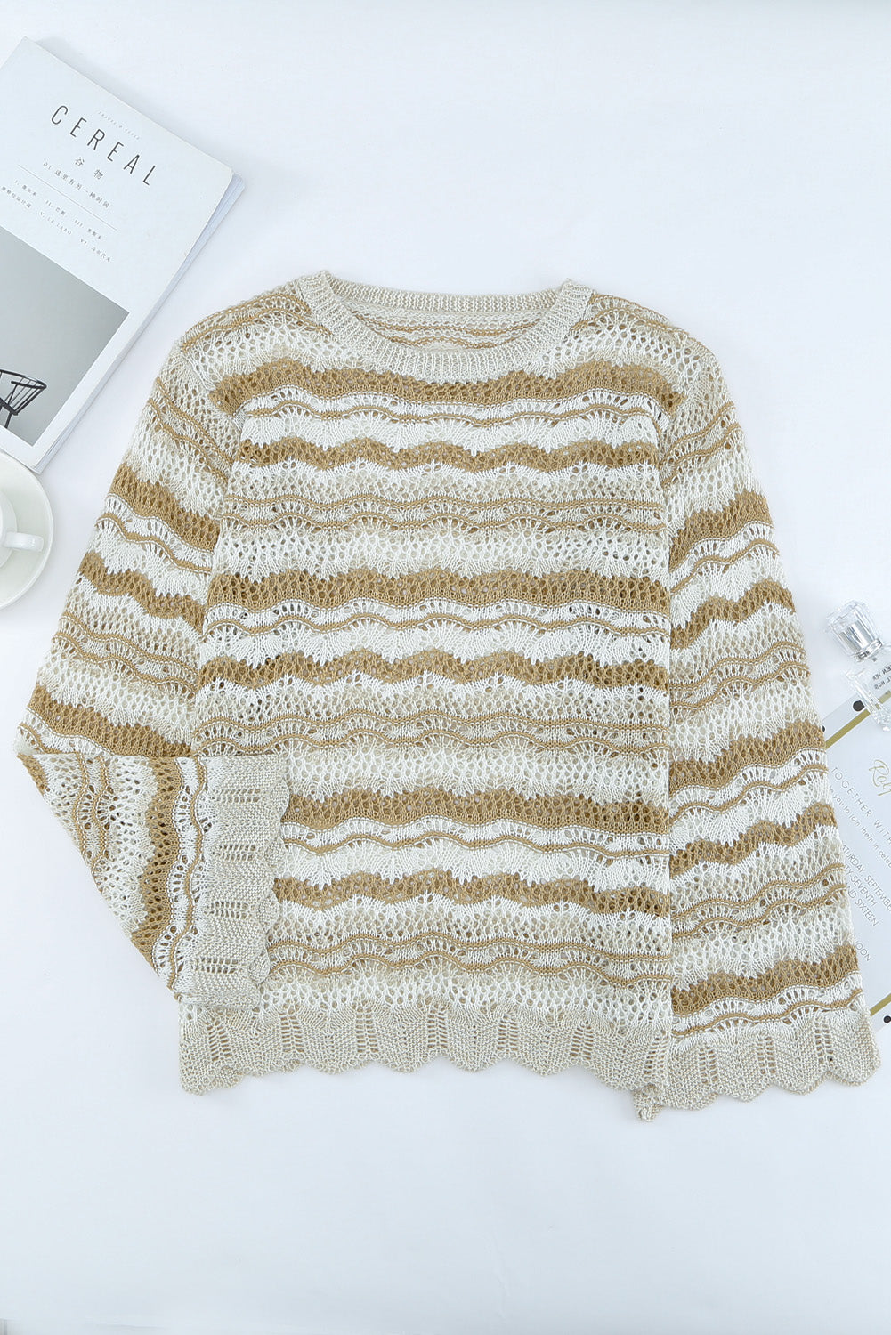 Wavy Stripe Scalloped Edge Pointelle Crochet Knit Sweater