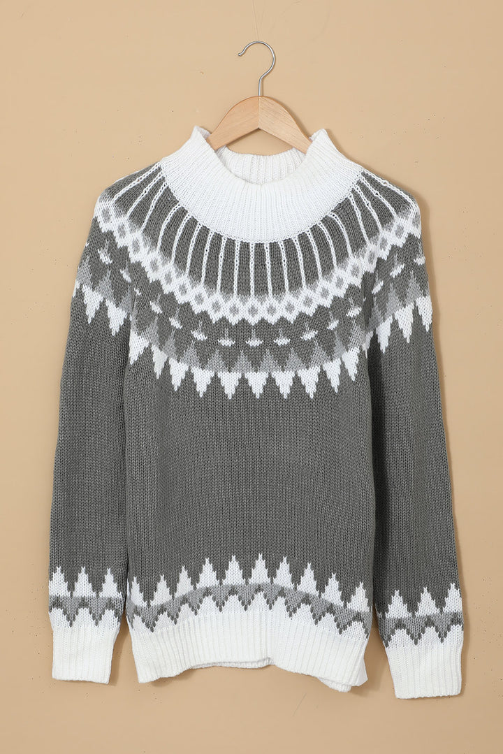 Winter Gray High Neck Printed Knit Sweater