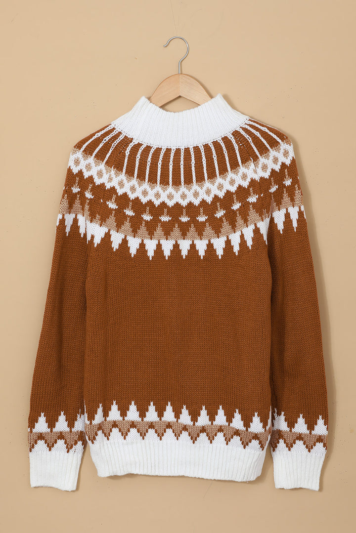 Winter Women Brown Apricot High Neck Printed Knit Sweater