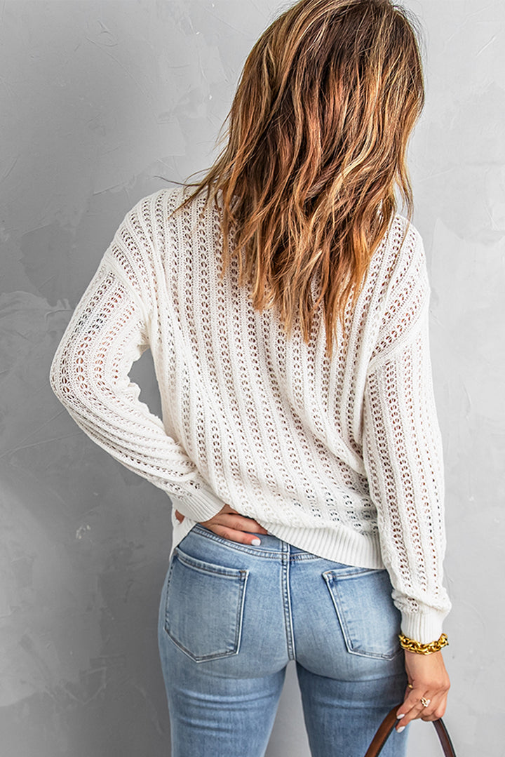 White Hollow-out Drop Shoulder Knitted Sweater