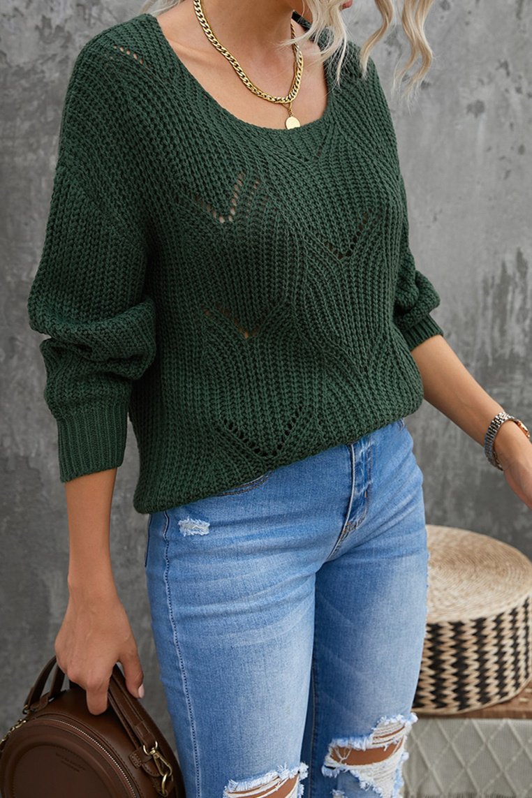 Casual Green Hollow-out Round Neck Knitted Sweater